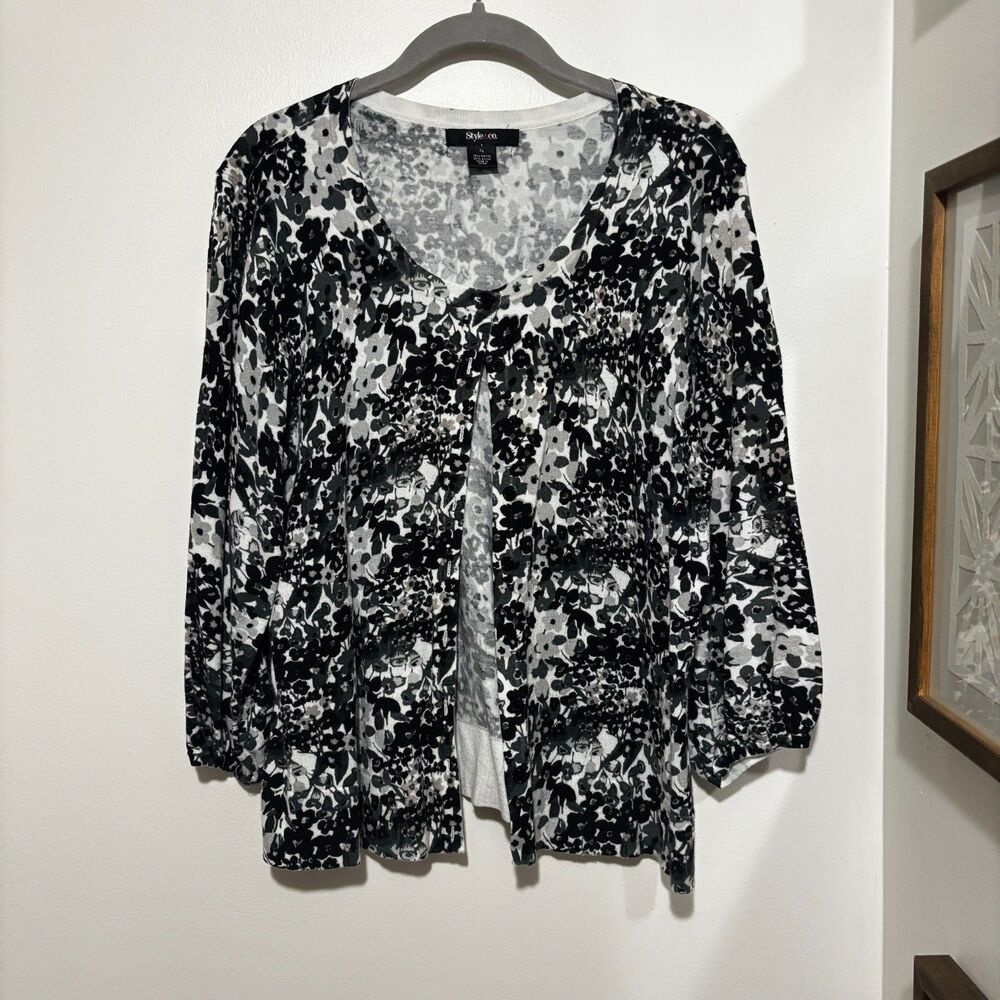 Style & Co Black White Floral Open Front Cardigan XL Lightweight Whimsygoth